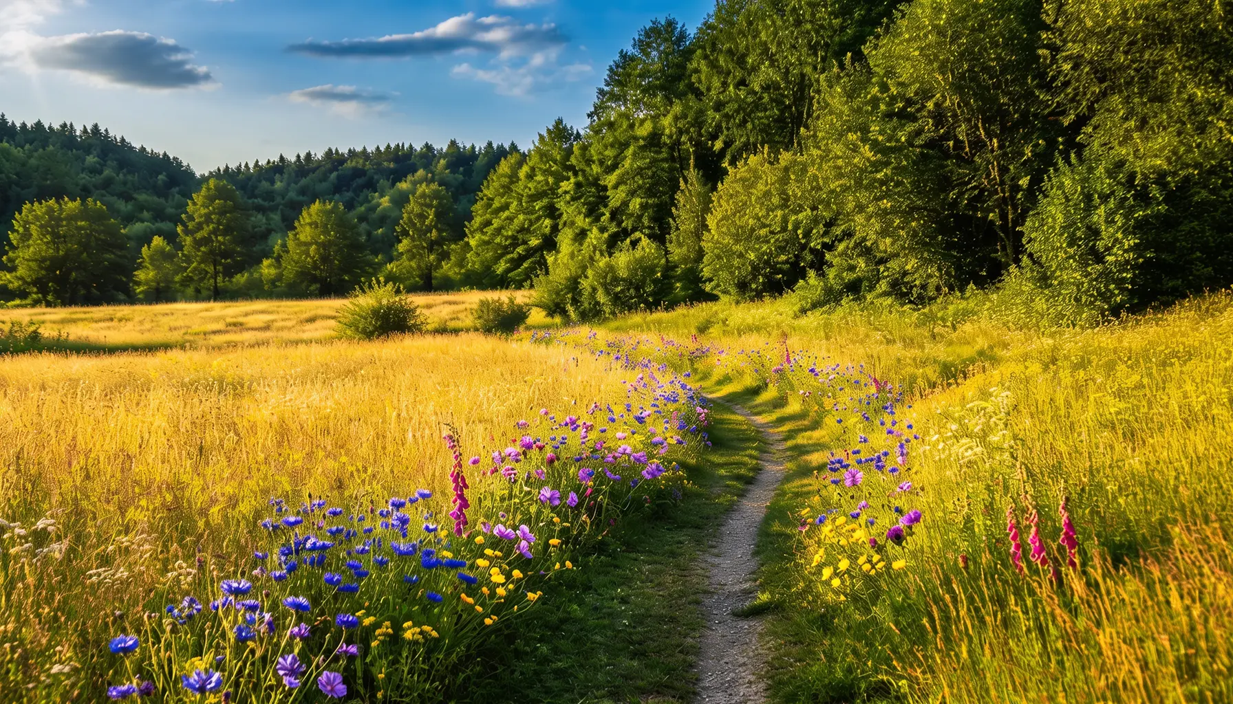 Schmaler Wiesenweg am sonnigen Waldrand